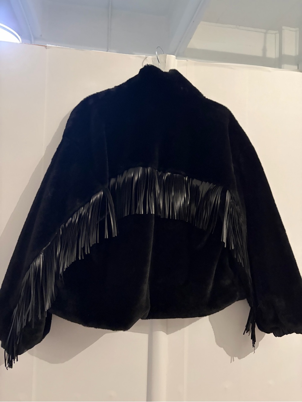 12th Tribe Black Faux Fur Jacket with Fringe